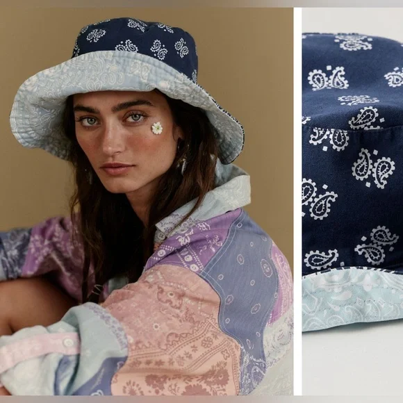 NWT Free People Bandana Bucket Hat - blue - one size - Picture 2 of 11